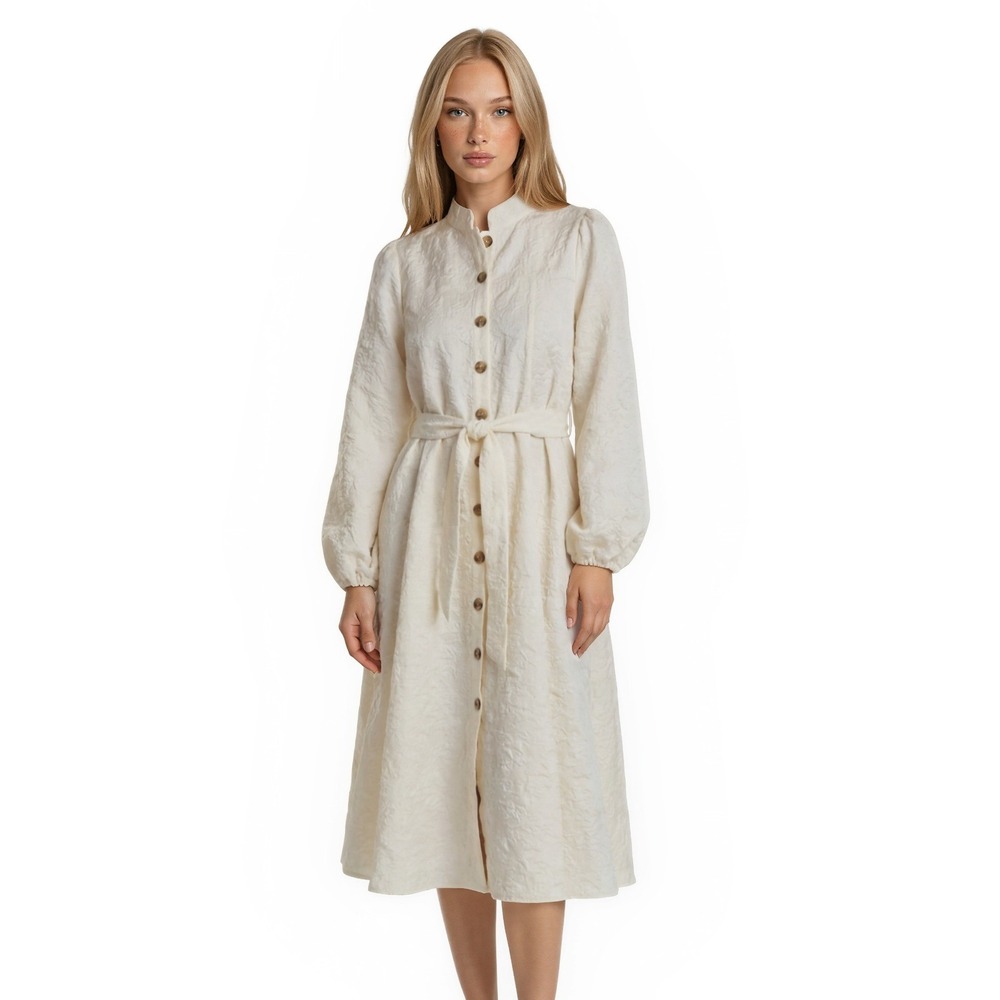 Sunday Up Jacquard Dress Womens Size Medium Cream‎ Belted Midi Vintage 70s
